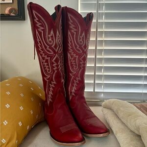 Lane Monica Knee-High Corset Back Cowgirl Boots. Smoldering Ruby.